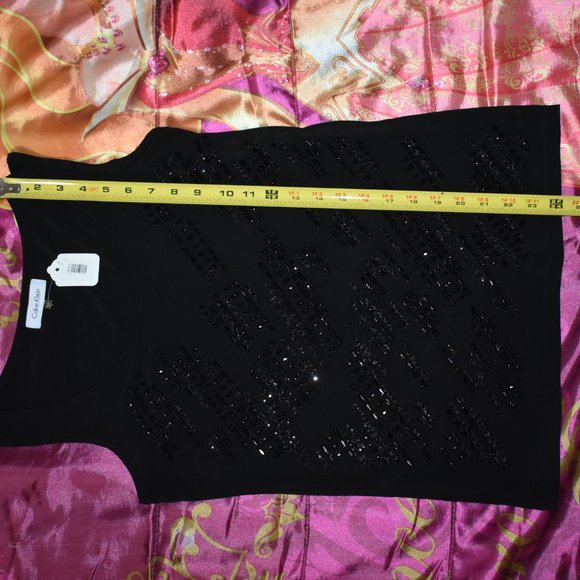 NEW calvin klein black beads rhinestone studs Bling Tank Top T-SHIRT Size XS / S - Picture 9 of 10